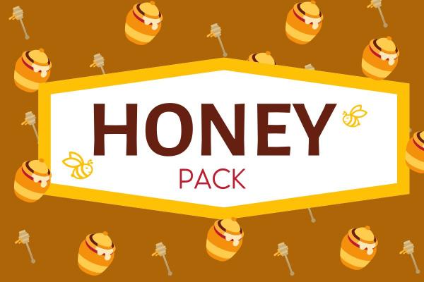 Honey Pack label design with honey jars and honey dippers on a brown background.