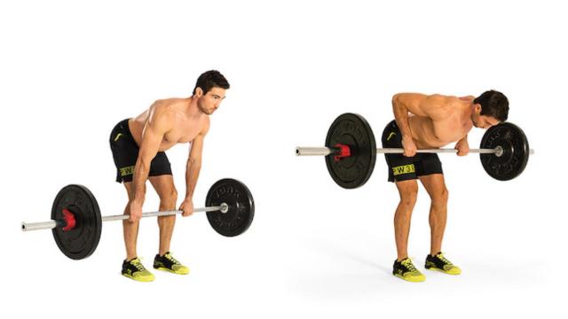 Close-up of a person performing a Barbell Row exercise in the gym. The individual grips the barbell with both hands, pulling it towards their chest, focusing on proper form to strengthen their back and arms.