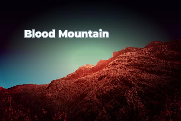 Stylized image of Blood Mountain with red-tinted slopes and a dark sky.