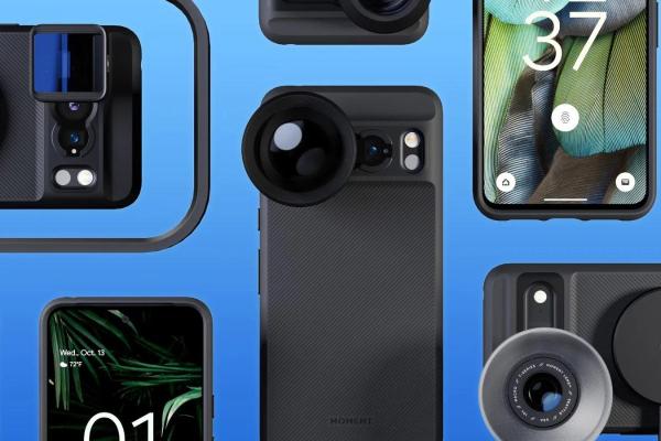 Collage of Pixel 8 Pro cases with attached camera lenses and a smartphone screen displaying the number 37