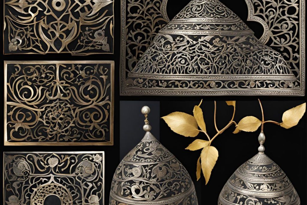 A close-up of a traditional Bidriware artifact, showcasing intricate silver inlay work on blackened metal, a unique art form from India.