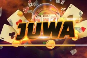 Juwa Download game loading screen with playing cards, casino slot symbols, and flying dollar bills.