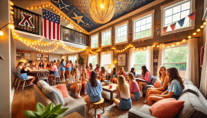 A cozy sorority house common room where young women bond, study, and chat, surrounded by comfortable furniture, string lights, and sorority memorabilia, creating a warm and inviting atmosphere.