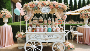 A beautifully decorated vintage candy cart candy at an outdoor wedding, featuring a white cart adorned with pastel-colored flowers and filled with glass jars of assorted candies. The cart has a charming 'Love is Sweet' sign and a soft pink balloon garland, with greenery in the background, making it a stunning centerpiece for the event.