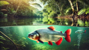 Pirarucu fish swimming in the Amazon River, with a glossy silver body and red tail, surrounded by lush green rainforest reflecting on the water.