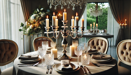 Elegant silver 5-arm candelabras with glowing candles on a formal dining table, surrounded by crystal glasses and modern decor, perfect for weddings or formal events.