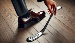 A sleek metal shoe horn with a long handle, resting beside formal leather shoes on a polished wooden floor. A foot is seen effortlessly slipping into the shoe using the shoe horn, showcasing its smooth, ergonomic design to prevent damage to the shoe's heel. The image highlights the ease and practicality of using a shoe horn in daily footwear routines.